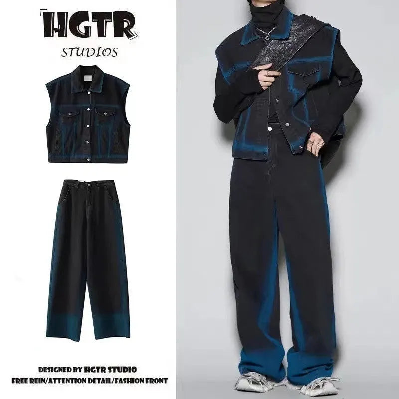 Fleece-lined spray colour gradient distressed vest and jeans two-piece set in blue or black colour options