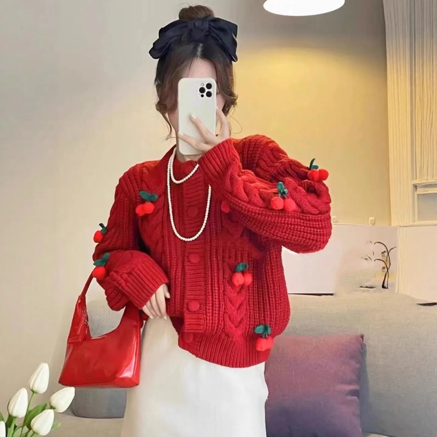 Cherry pattern loose lazy sweater in white with 3D cherries and long sleeves