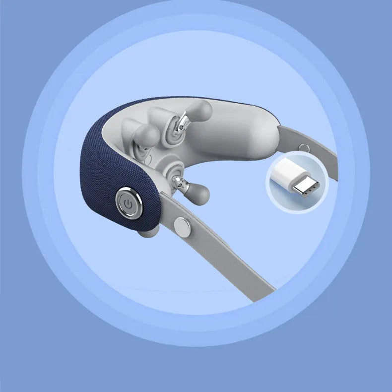Dark blue rechargeable neck massager with imitation hand grip for home use on a neutral background