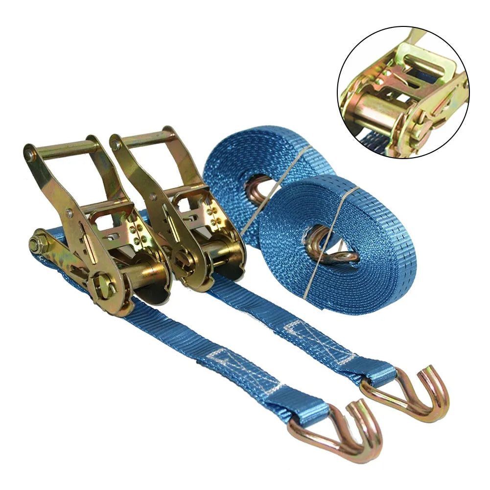 Ratchet tensioner double hook binding strap with steel triangle hooks and polyester webbing