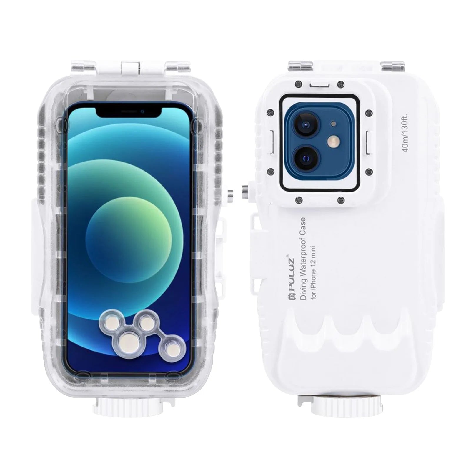 White waterproof diving phone case with 40 metre depth rating for iPhone 12 and 13 series