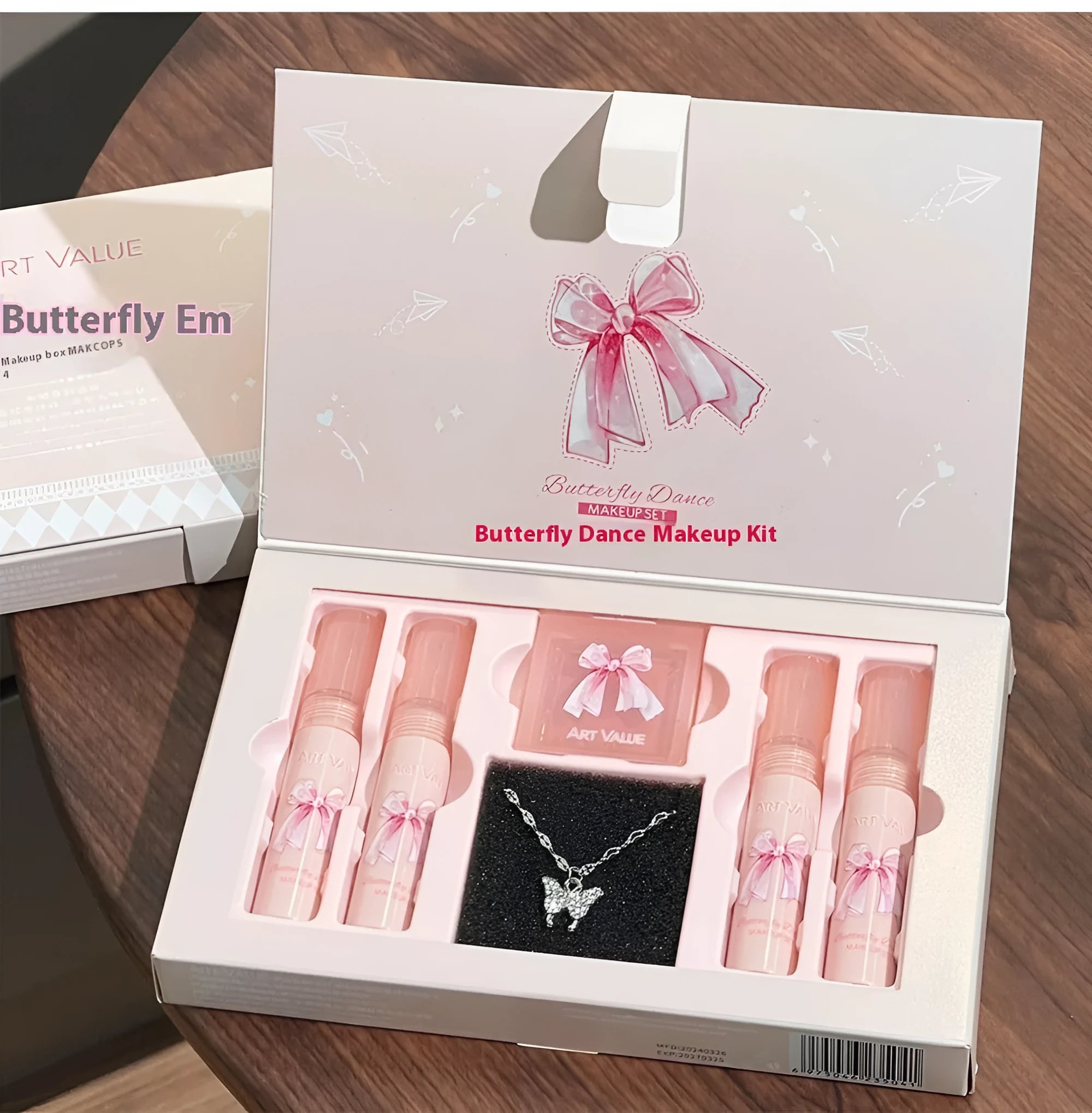 Butterfly Box makeup set with four lip mud containers, powder blusher compact, and necklace