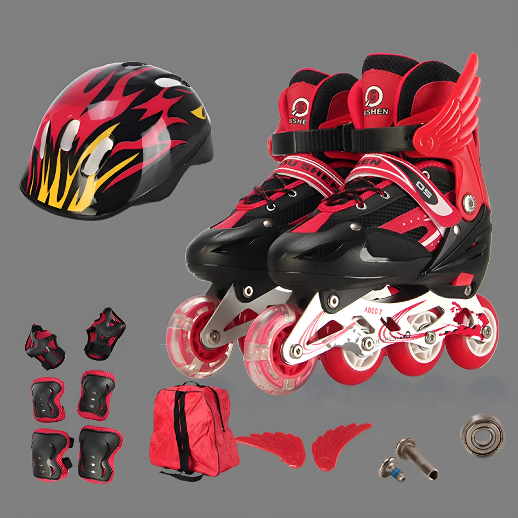 Children's adjustable roller skates in multiple colours with protective helmet and gear