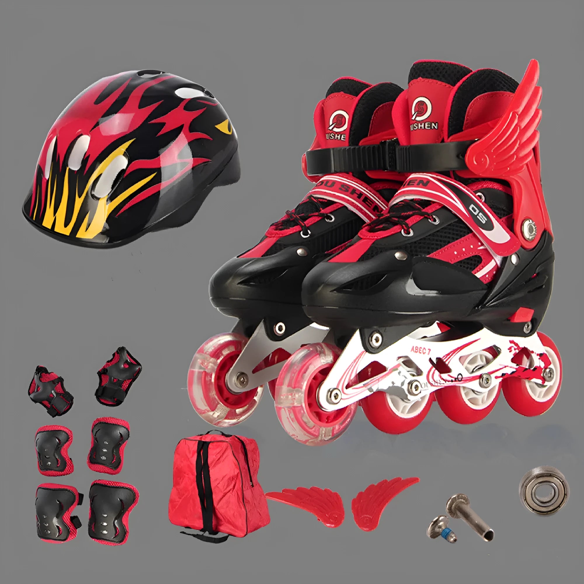 Children's adjustable roller skates in multiple colours with protective helmet and gear