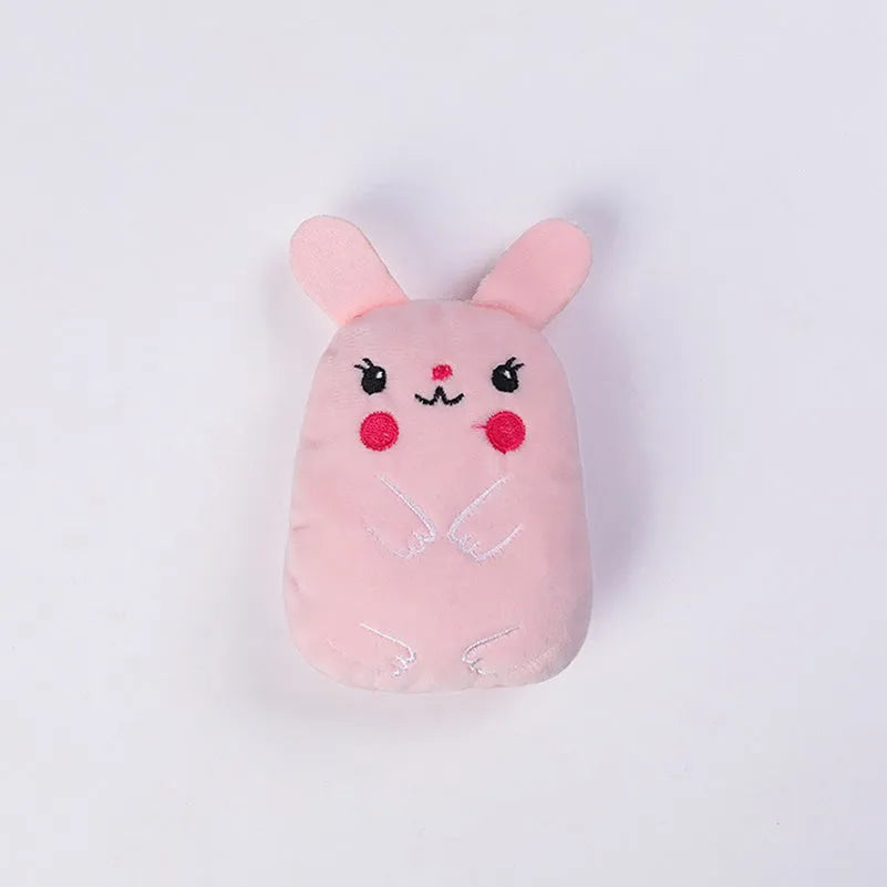 Set of four colourful plush catnip toys for chewing and interactive play with vocal sounds