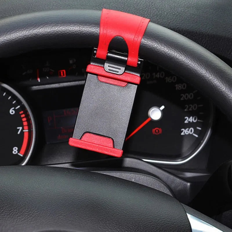 Black car steering wheel phone clip mount holding smartphone for GPS navigation