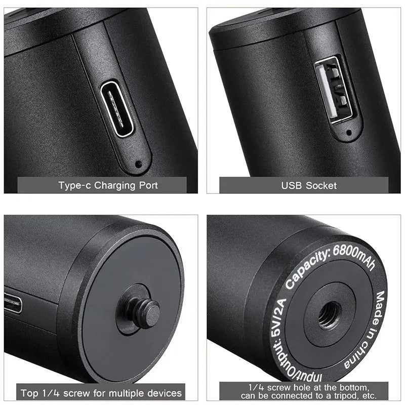 Black aluminium alloy power bank with carrying handle showing 6800mAh capacity and compact 12.5cm design