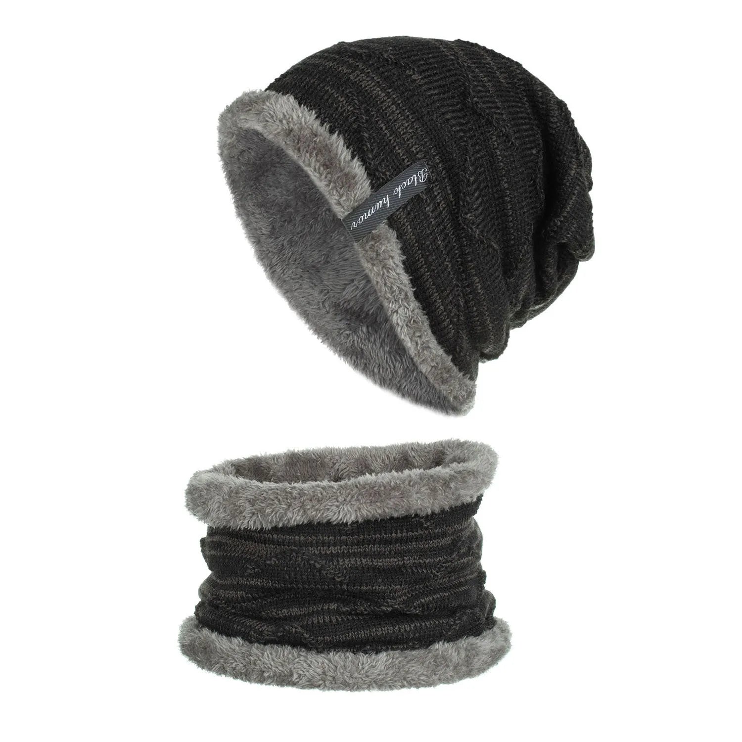 Diagonal hook knitted acrylic beanie in black, showing textured knit pattern