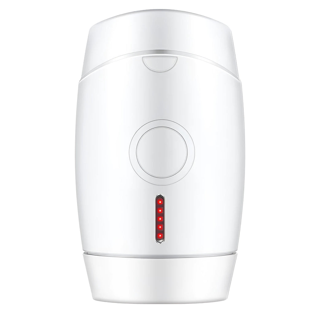 White home laser hair removal instrument with display, showing compact size and included adapter.