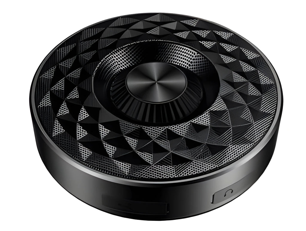 Compact circular black wireless Bluetooth sound box with multi-colour LED lights around its edge.
