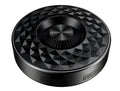 Compact circular black wireless Bluetooth sound box with multi-colour LED lights around its edge.