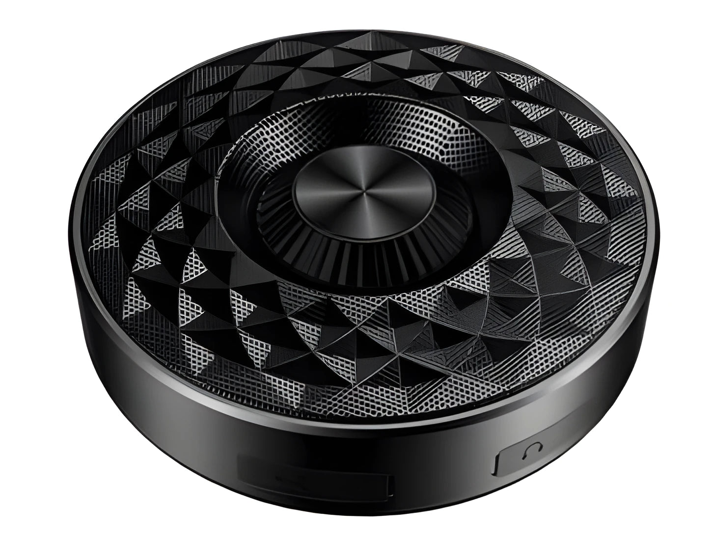 Compact circular black wireless Bluetooth sound box with multi-colour LED lights around its edge.