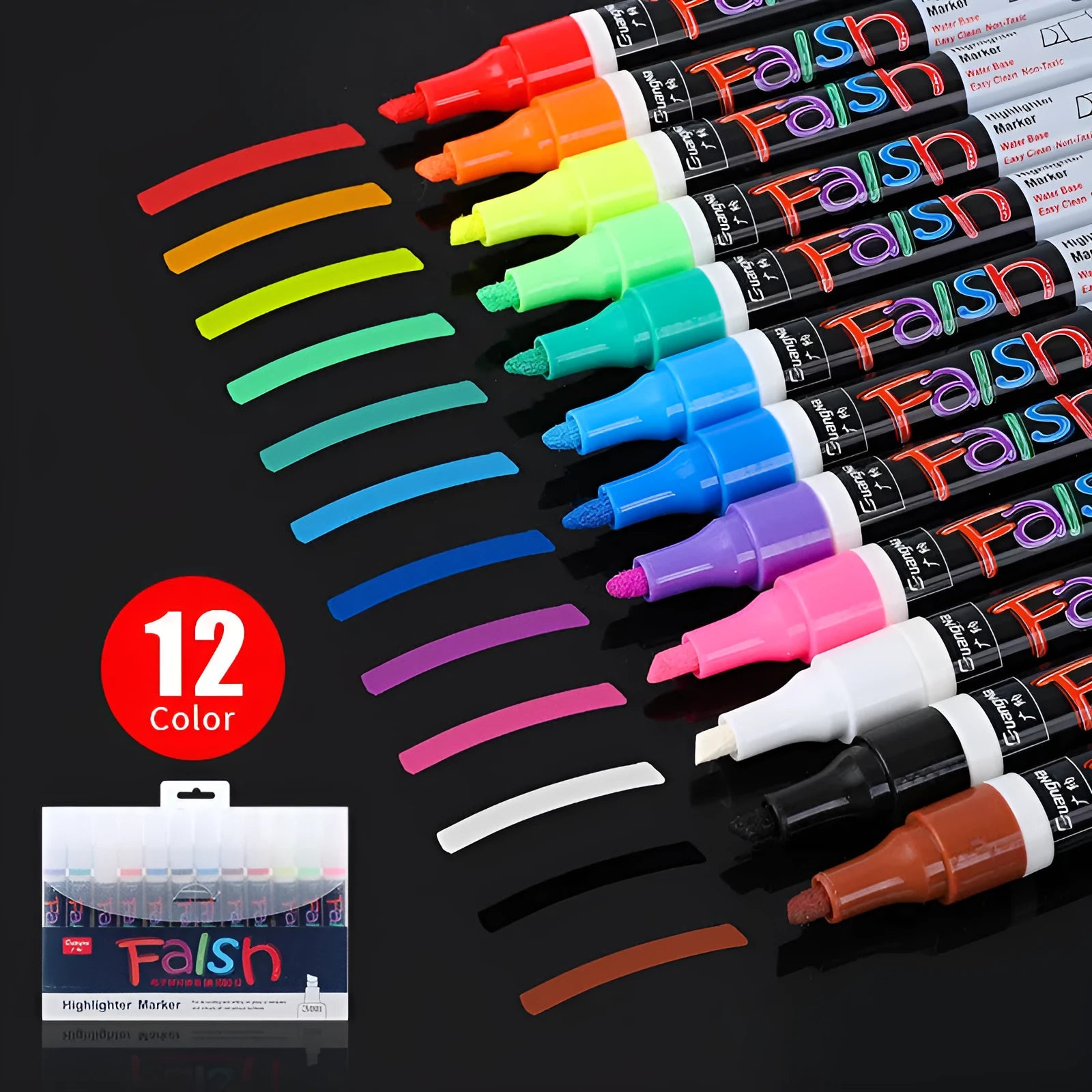 Set of 8 refillable fluorescent board highlighters with oblique 6mm tips, shown on card packaging.