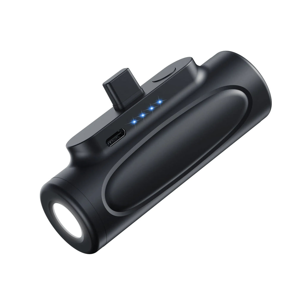 Black and pink creative power bank with integrated LED flashlight, showing USB-C and Apple port options.