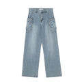 Men's blue American retro straight leg wide tube jeans with mid waist and cotton fabric