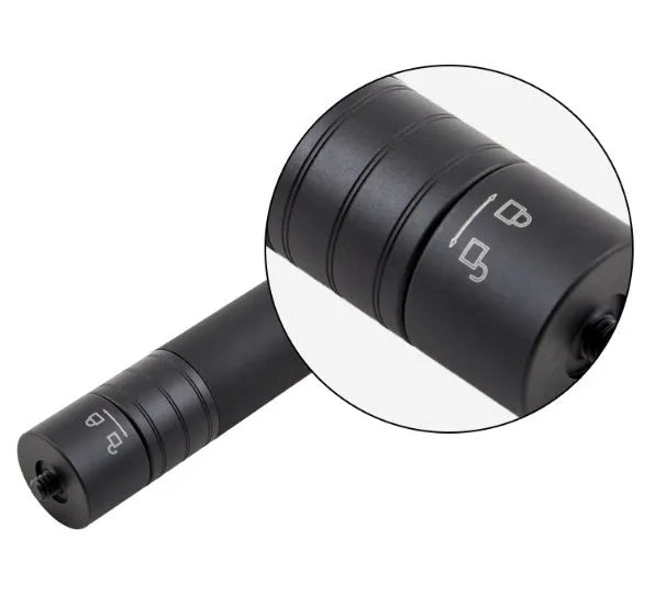 Black retractable lengthened selfie stick extended as a hand-held stabiliser