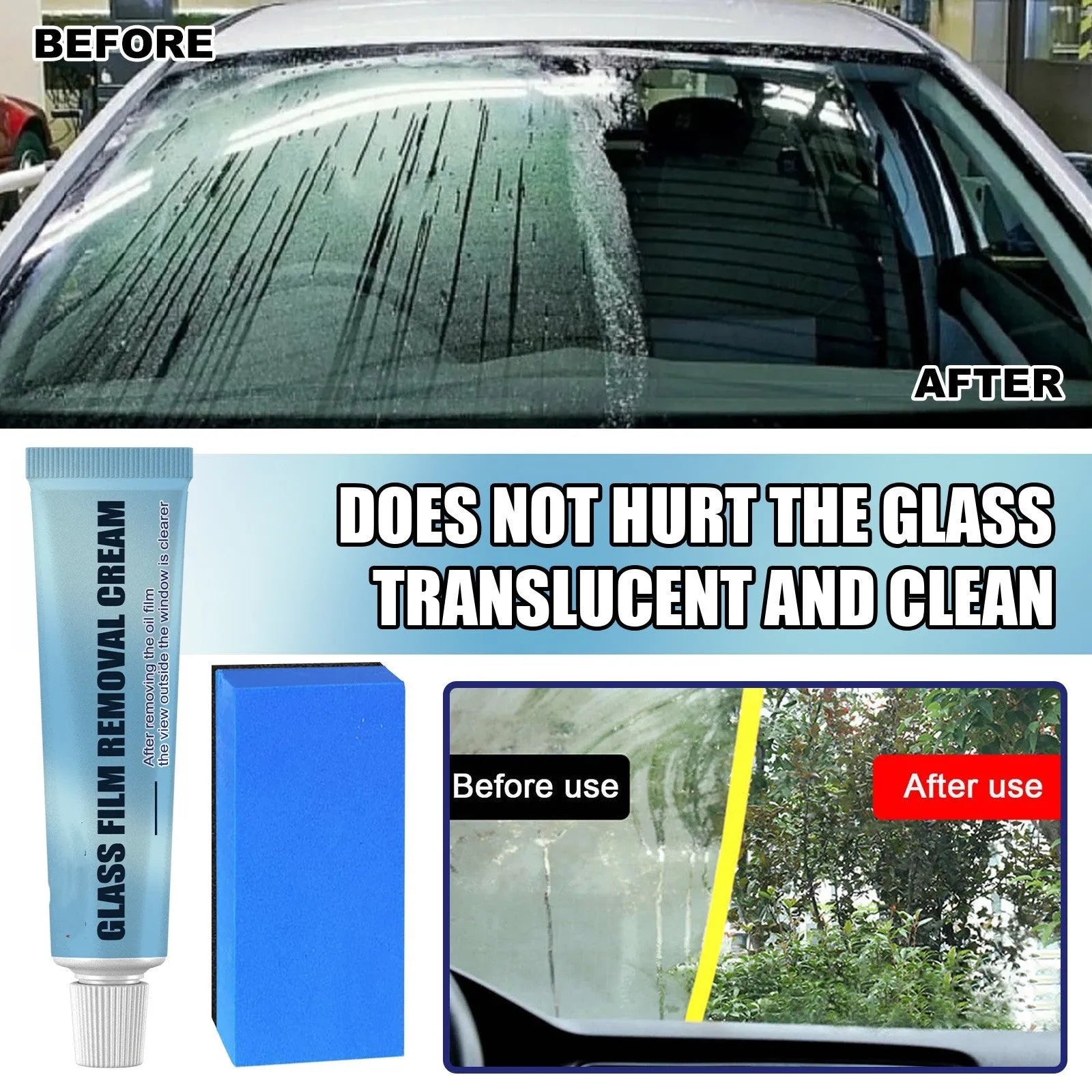 Blue car glass oil film remover tube and sponge applicator for cleaning windshields and windows