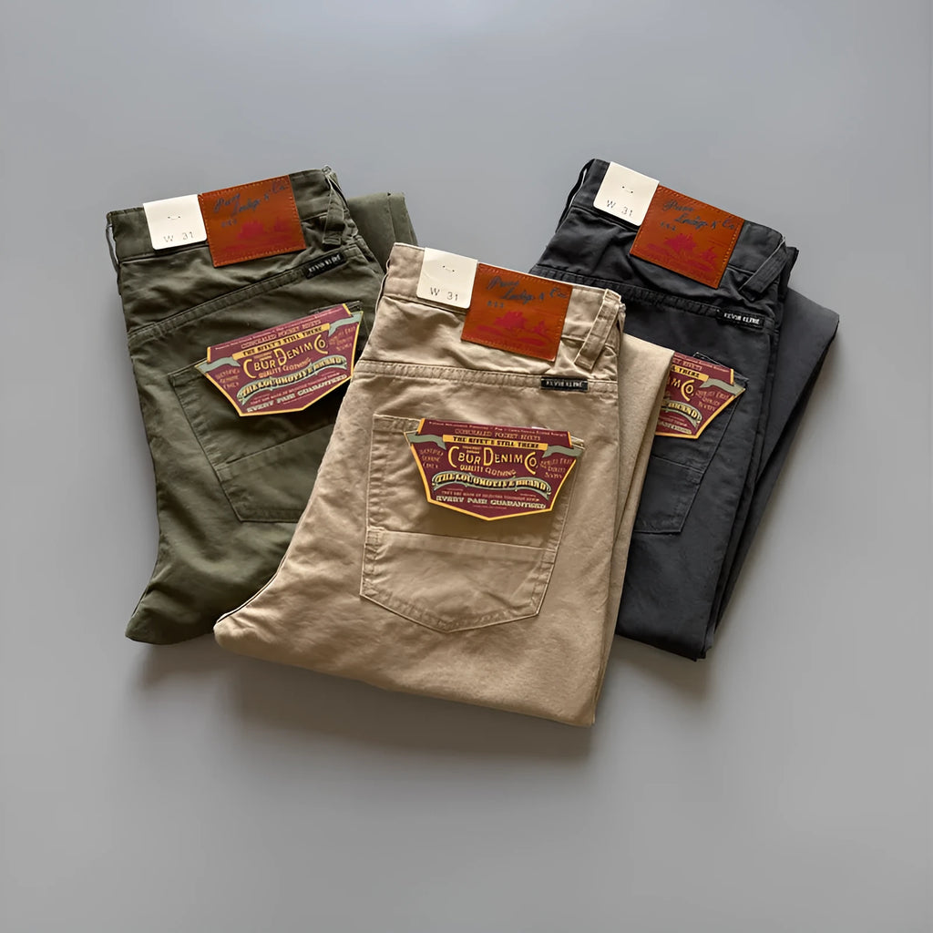 Men's straight-leg cotton twill casual trousers in Army Green laid flat.