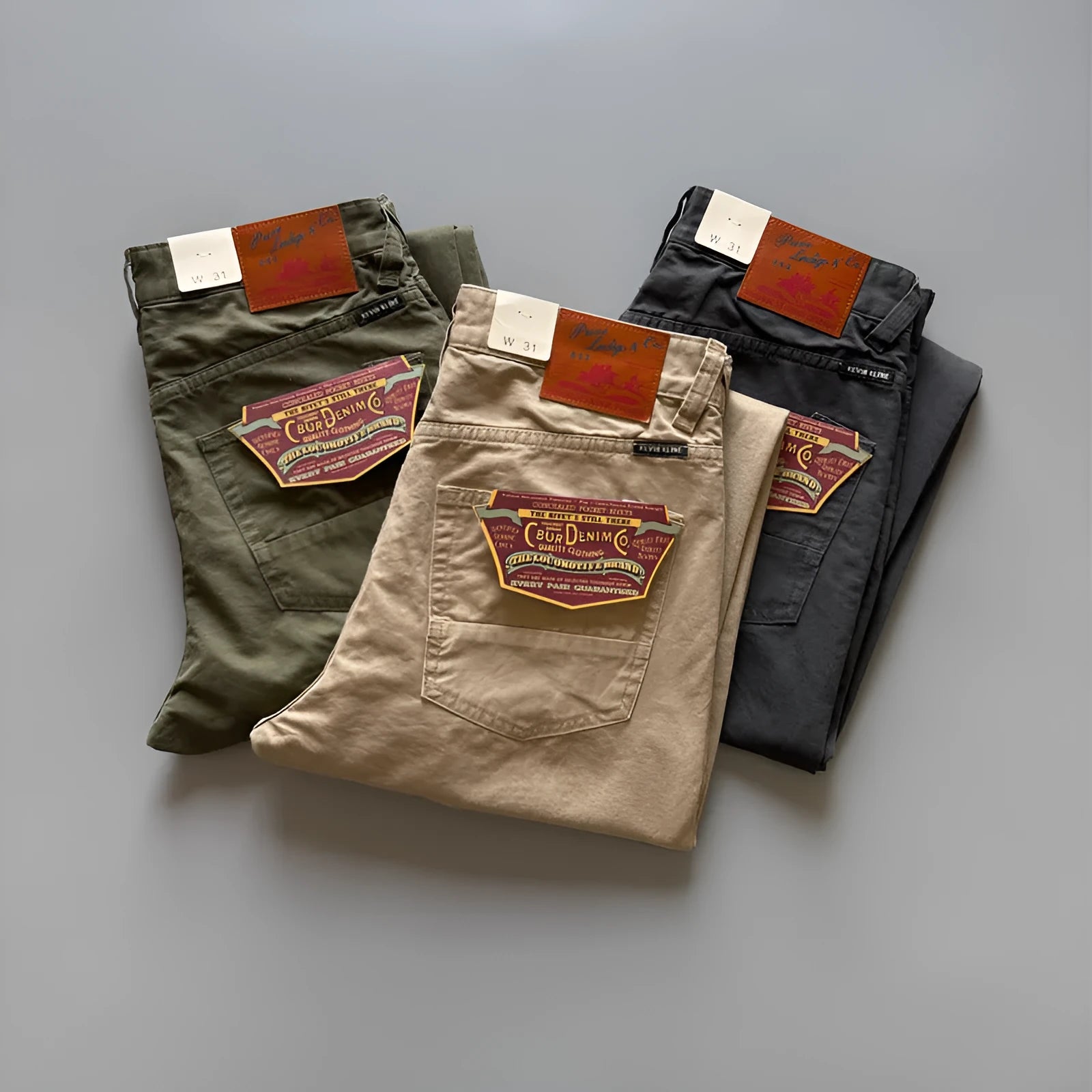 Men's straight-leg cotton twill casual trousers in Army Green laid flat.