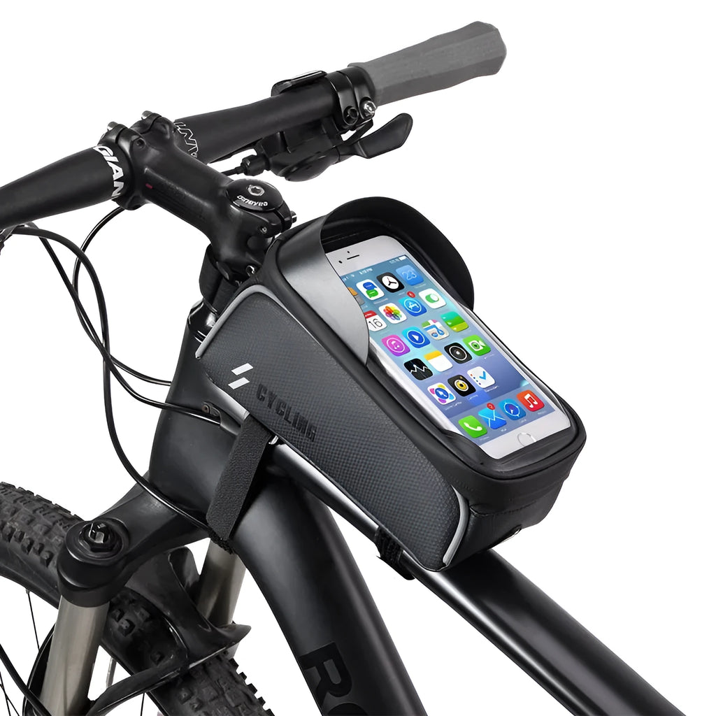 Black PU+EVA handlebar bag with TPU touch film and reflective strip mounted on bicycle crossbeam