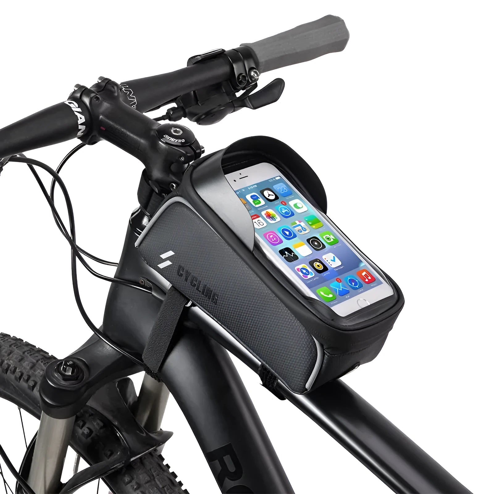 Black PU+EVA handlebar bag with TPU touch film and reflective strip mounted on bicycle crossbeam