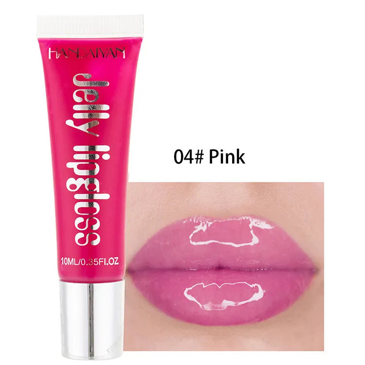 Jelly glass moisturising lip gloss tube in Pearl White shade with carton packaging and 12 colour options