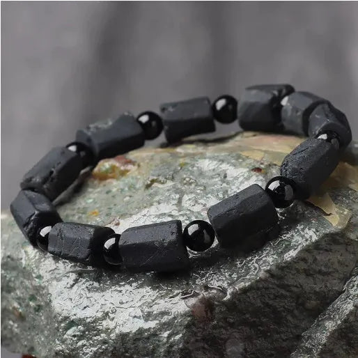Natural black tourmaline rough stone bracelet with elastic adjustable fit for men and women