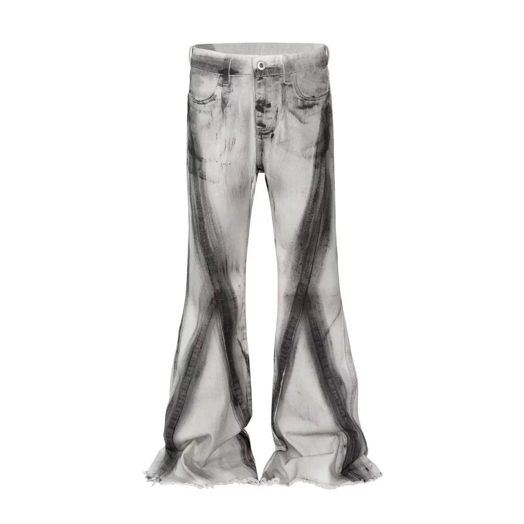 White retro heavy selvedge jeans with a black ribbon gradient wash and zip fly.