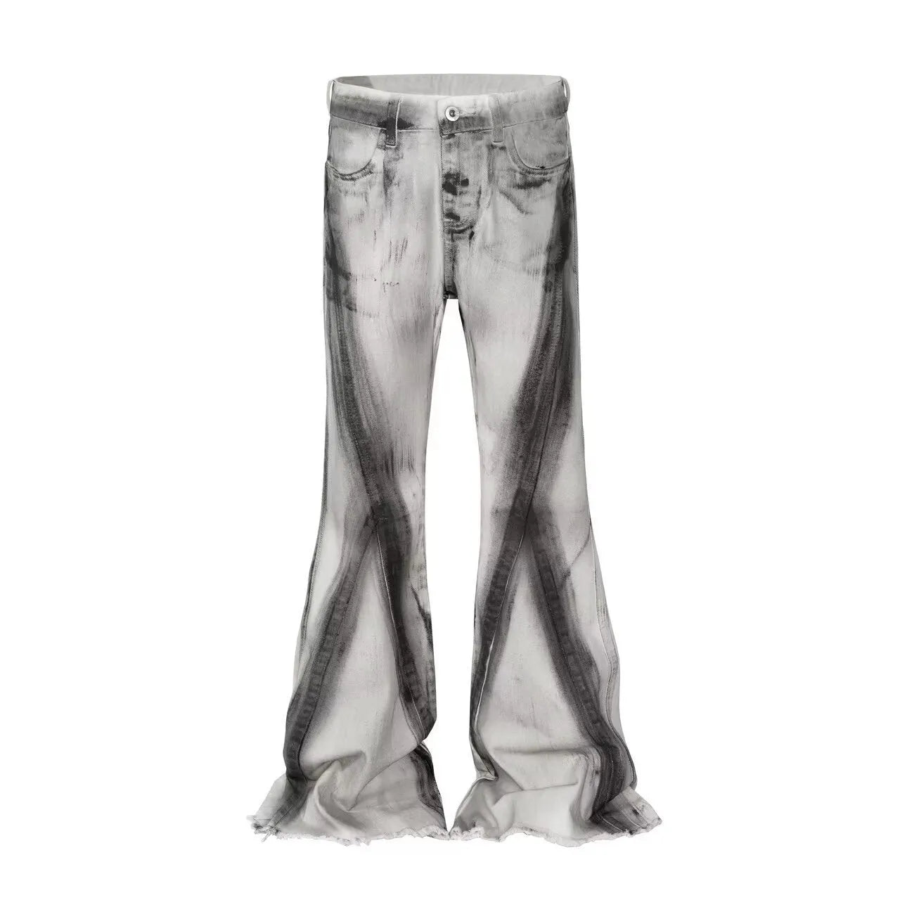 White retro heavy selvedge jeans with a black ribbon gradient wash and zip fly.
