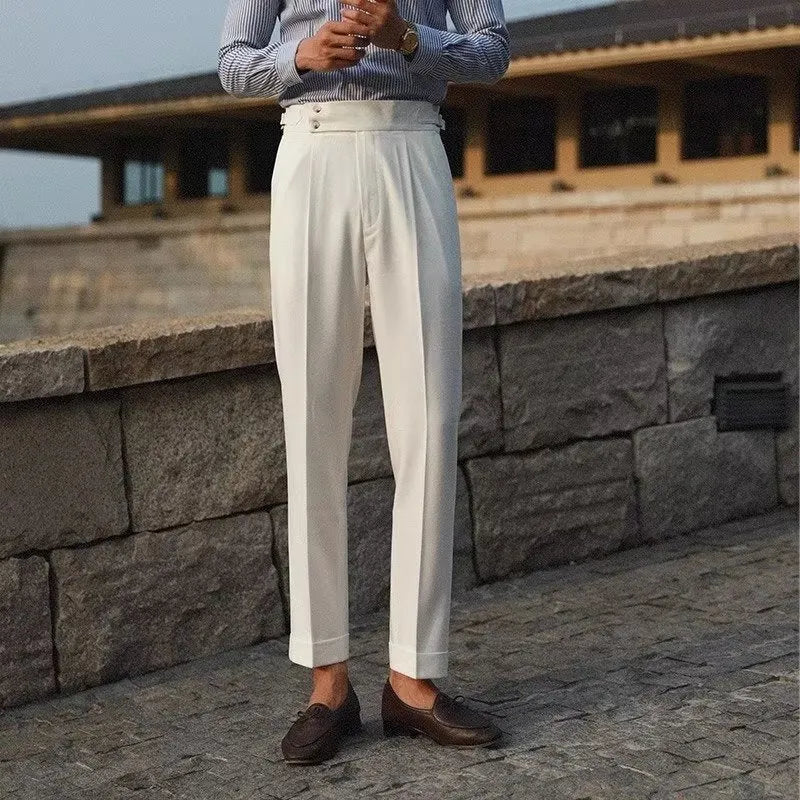 Men's slim fit straight leg formal trousers in black, white, and apricot colours.