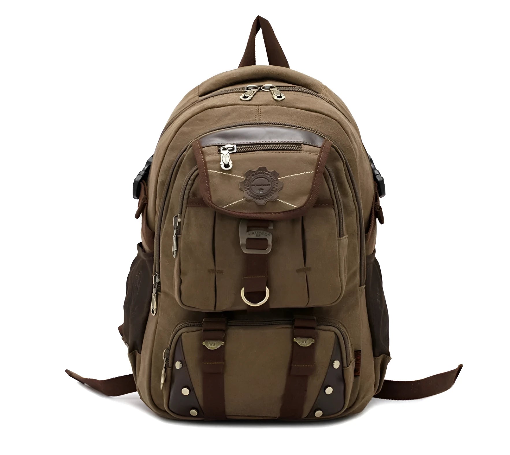 Canvas computer backpack in black with square vertical shape, zip closure, and multiple pockets