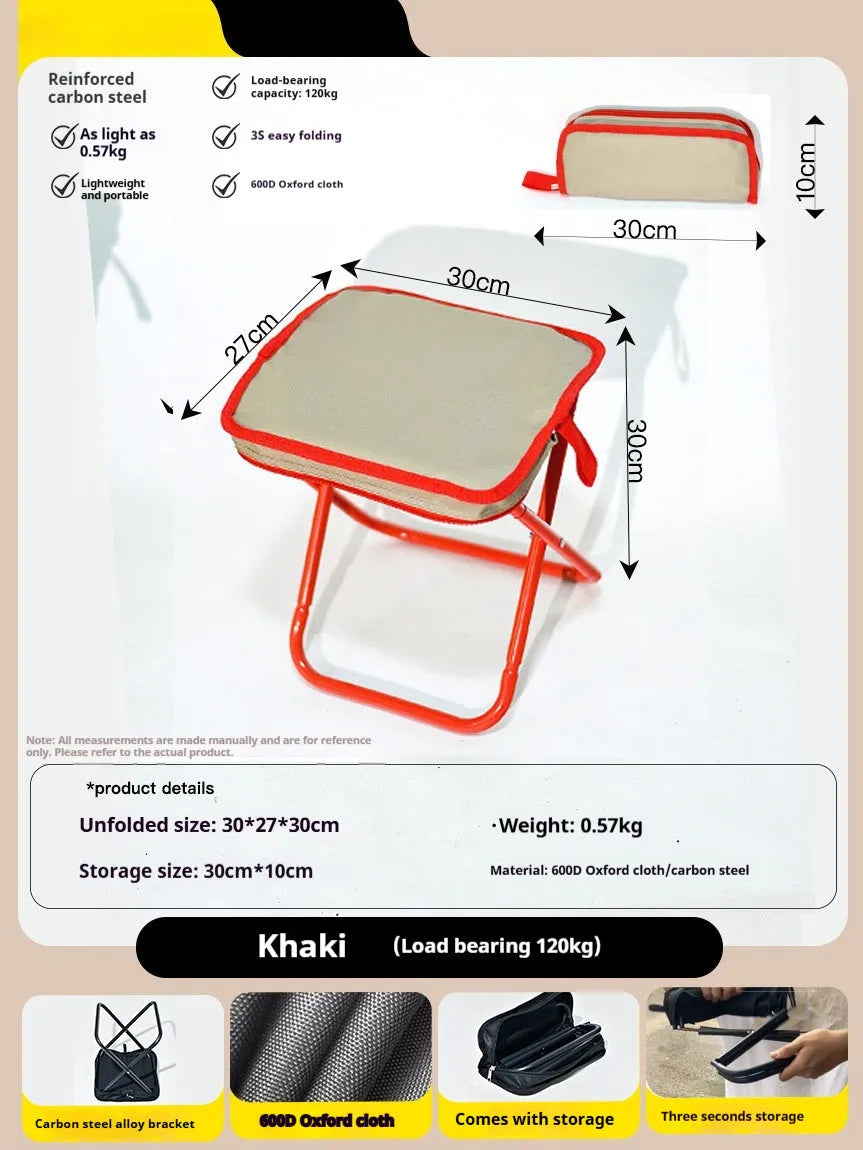 Lightweight foldable outdoor camp chair stool in Oxford cloth, shown in a khaki colour, folded compactly.
