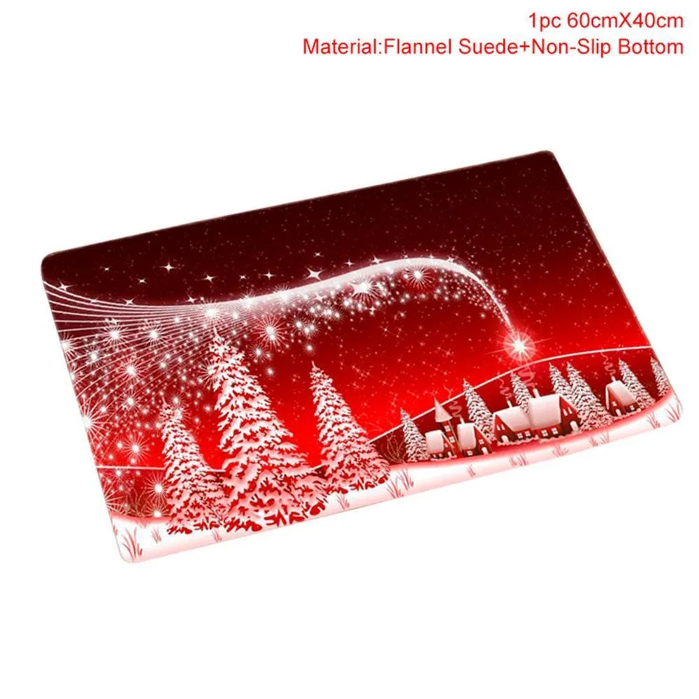 Christmas bathroom set with Santa design flannel shower curtain, toilet seat cover, and matching floor mats
