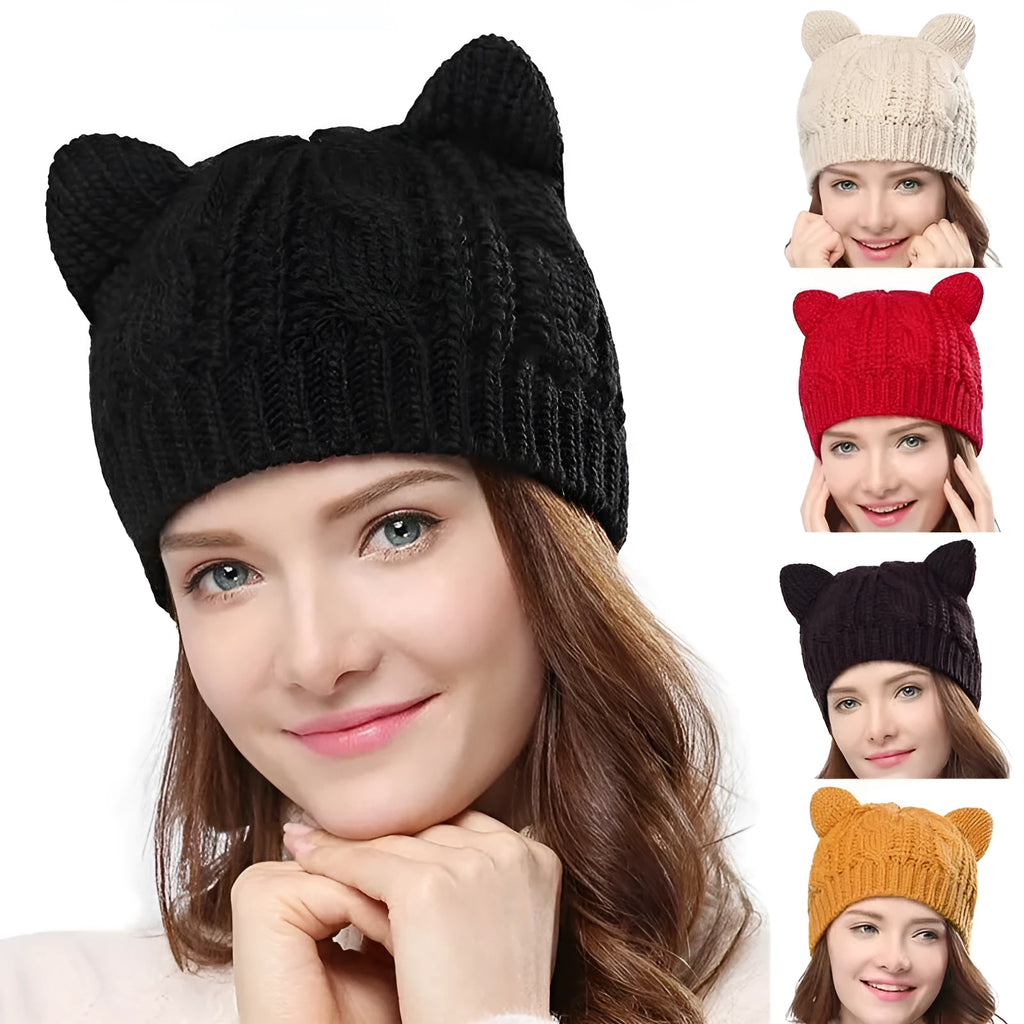 Hand knitted wool cat ear beanie in red colour for winter wear
