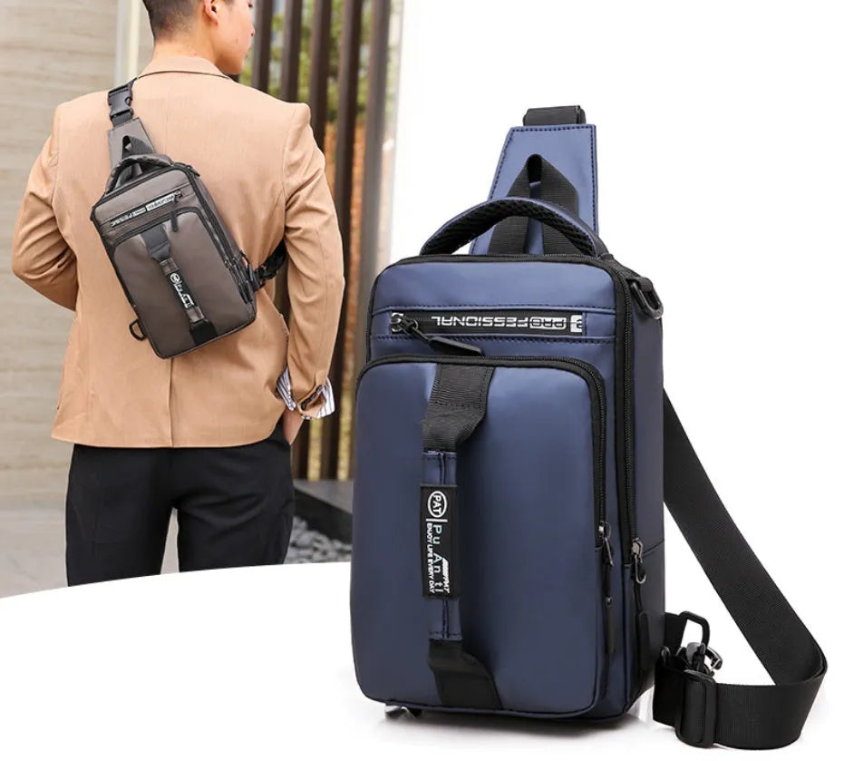 Casual outdoor chest bag in Oxford cloth, medium square vertical section, zipper closure, black colour, soft handle