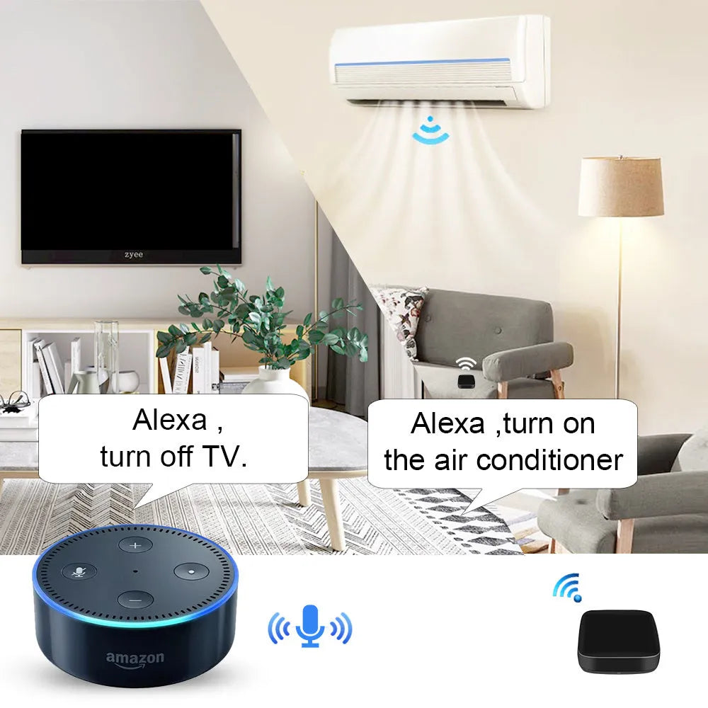 Black universal infrared remote control with voice control and WiFi connectivity features