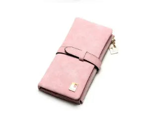 Korean retro matte leather women's long wallet showing two-fold draw closure and vertical orientation