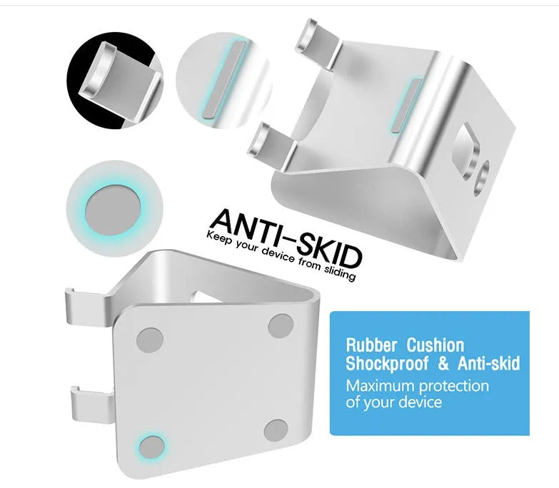 Aluminium universal stand holding a mobile phone and a tablet, shown in silver colour.