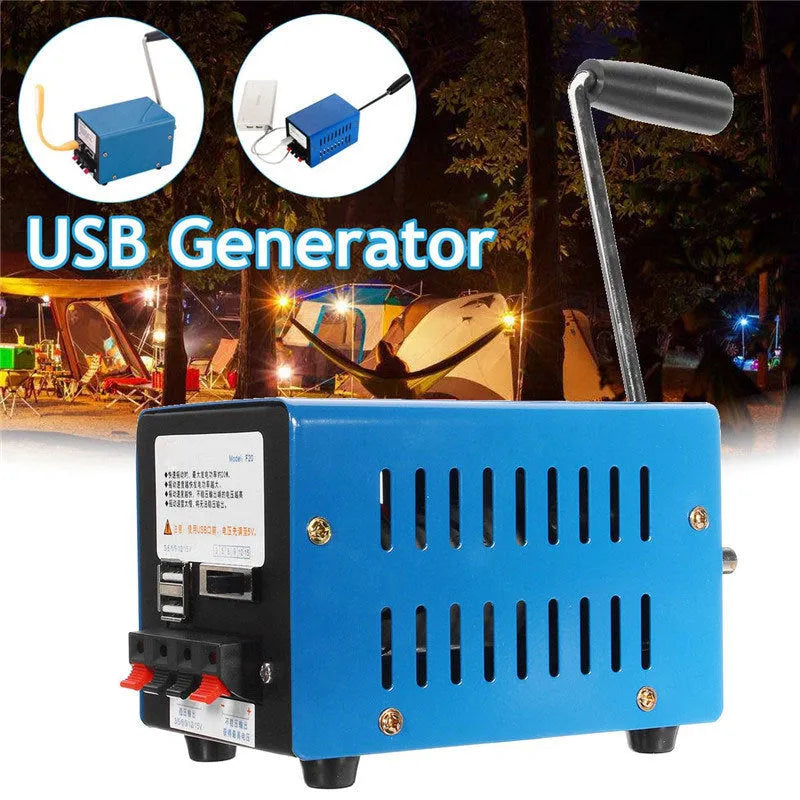 Blue metal hand crank USB power generator with anti-slip grips for emergency charging