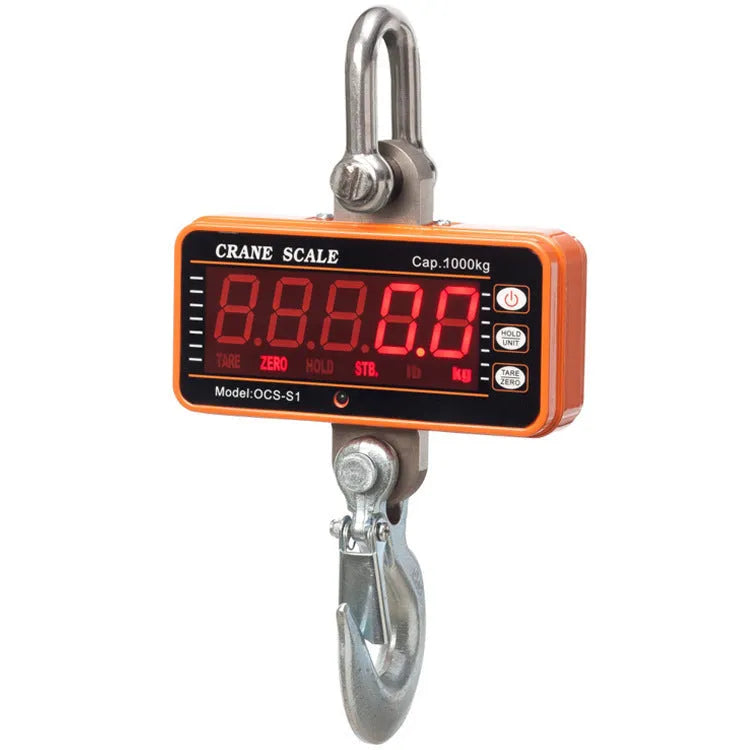 Orange electronic crane scale with digital display, shown with a 500 kg maximum load capacity rating.