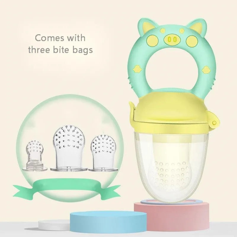 Silicone baby teether in blue, green or pink with single or triple mouthpiece designs for infant gum relief