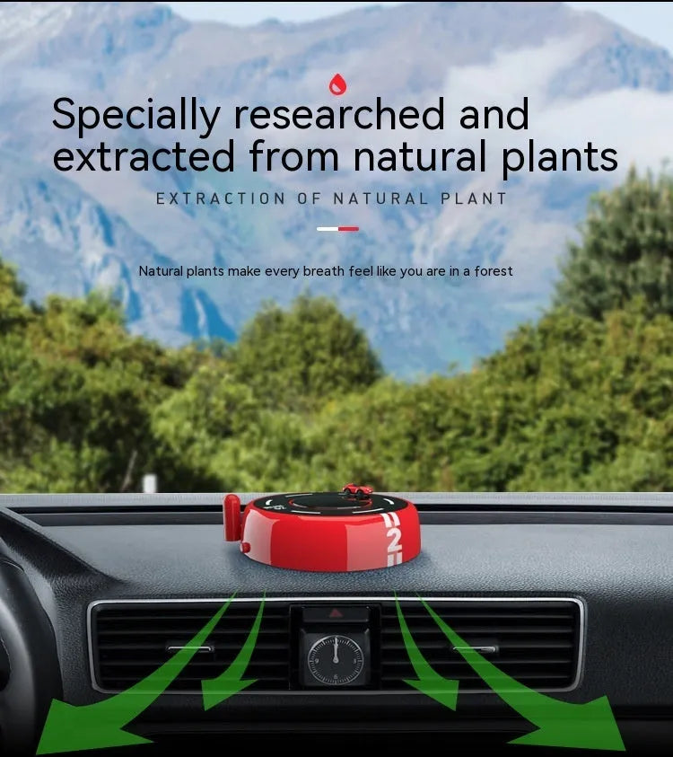 Solar-powered round car air freshener decorative device in black, red or white colour