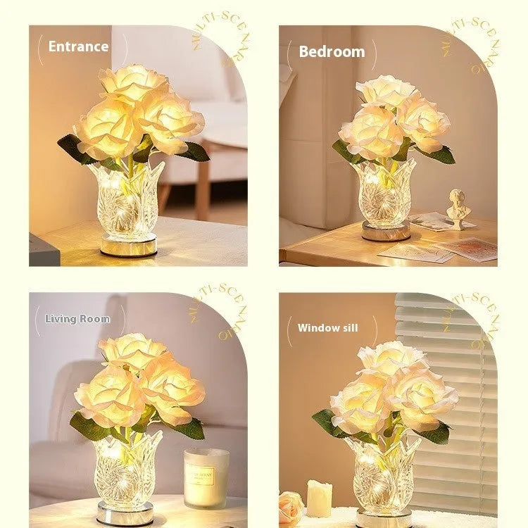 Crystal flowers rechargeable touch control table lamp with infinite dimming on bedside table