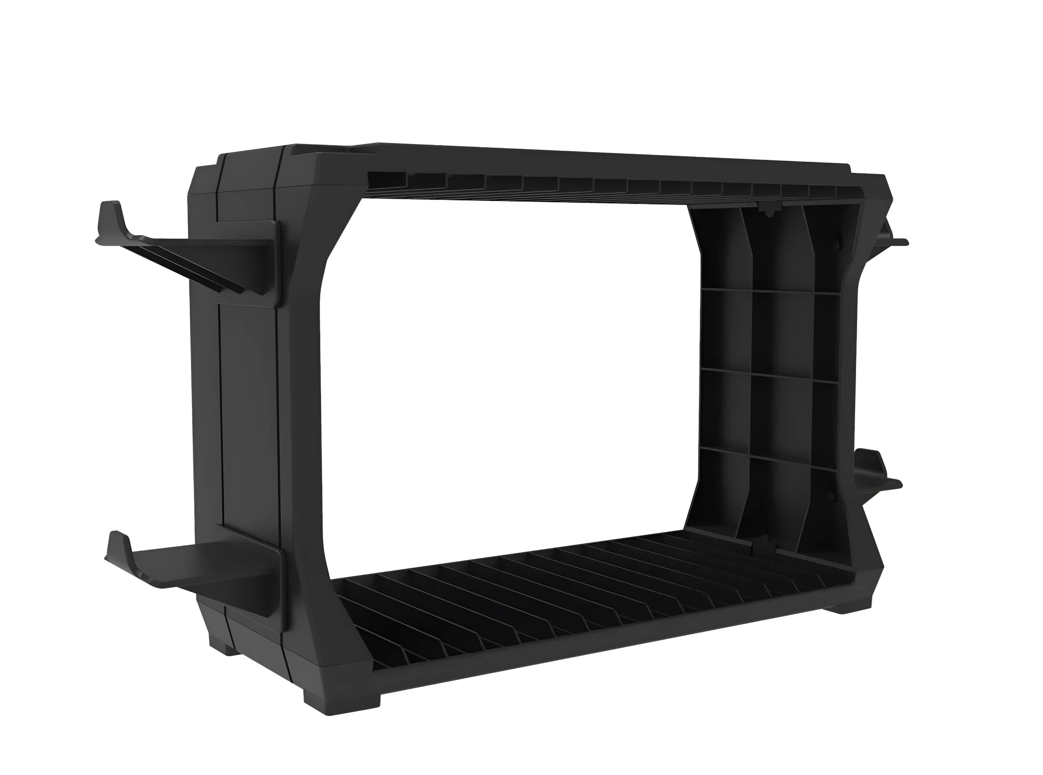 Black PS5 and Xbox Series X disc holder and controller stand made of ABS plastic.