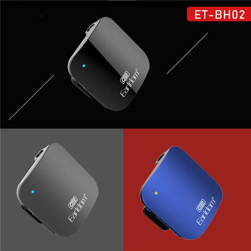 Bluetooth lavalier headphones with audio receiver showing colour options and lavalier clip design