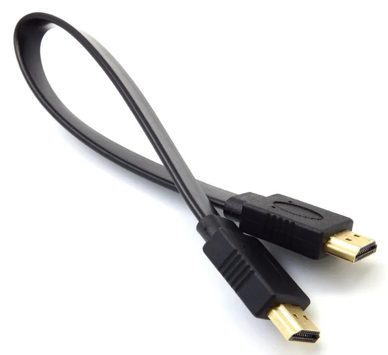 Flat HDMI cable with standard connectors showing thin profile design for 1080P video transmission