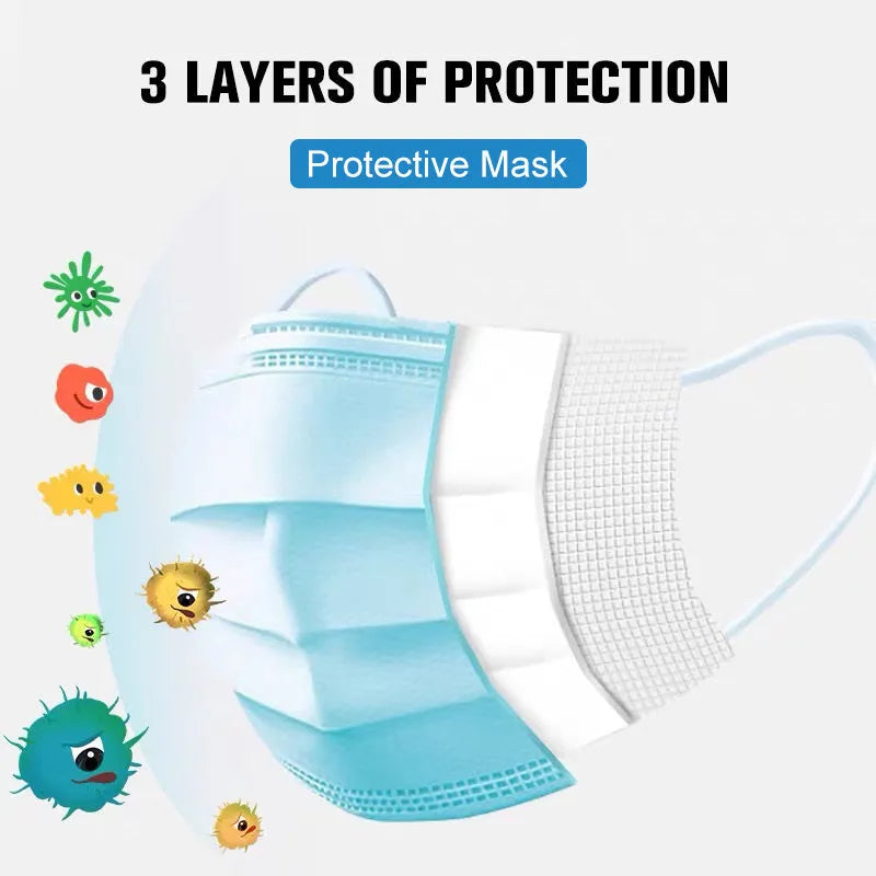 Disposable 3-ply non-woven medical surgical face mask in light blue with ear loops