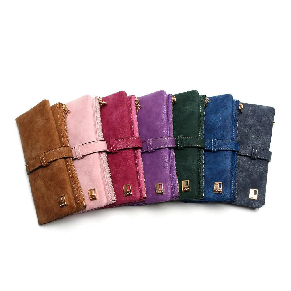 Korean retro matte leather women's long wallet showing two-fold draw closure and vertical orientation