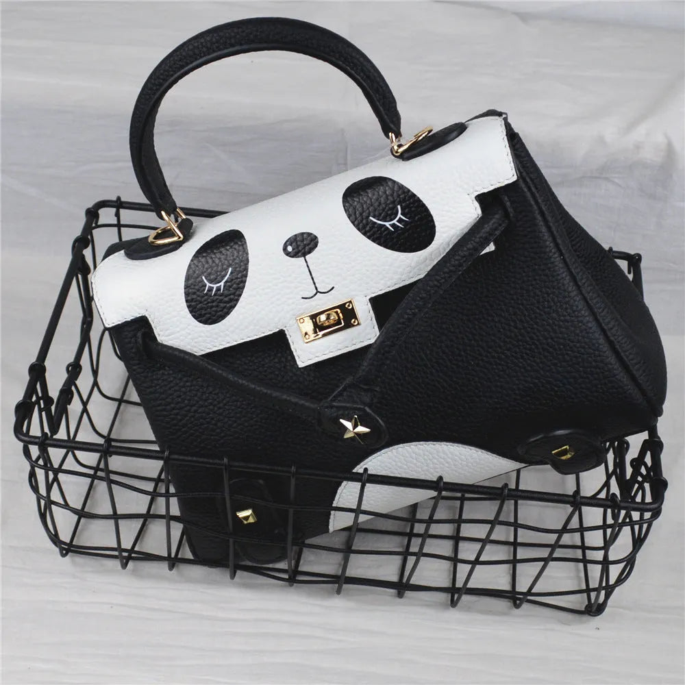 Square panda print cow leather handbag in sweet lady style, shown in two size options.