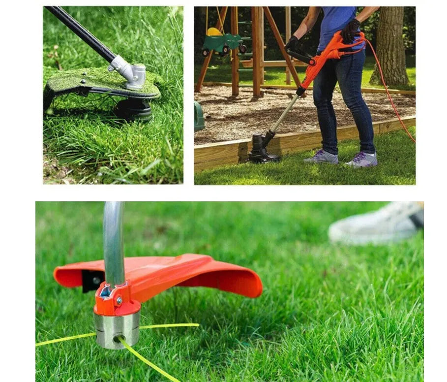 Silver aluminium lawn mower grass trimmer head with four light yellow square lines, a wrench, and a gasket